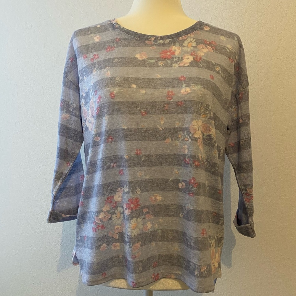 LC Lauren Conrad Purple Stripe Casual 3/4 Length Sleeve Top Size Large